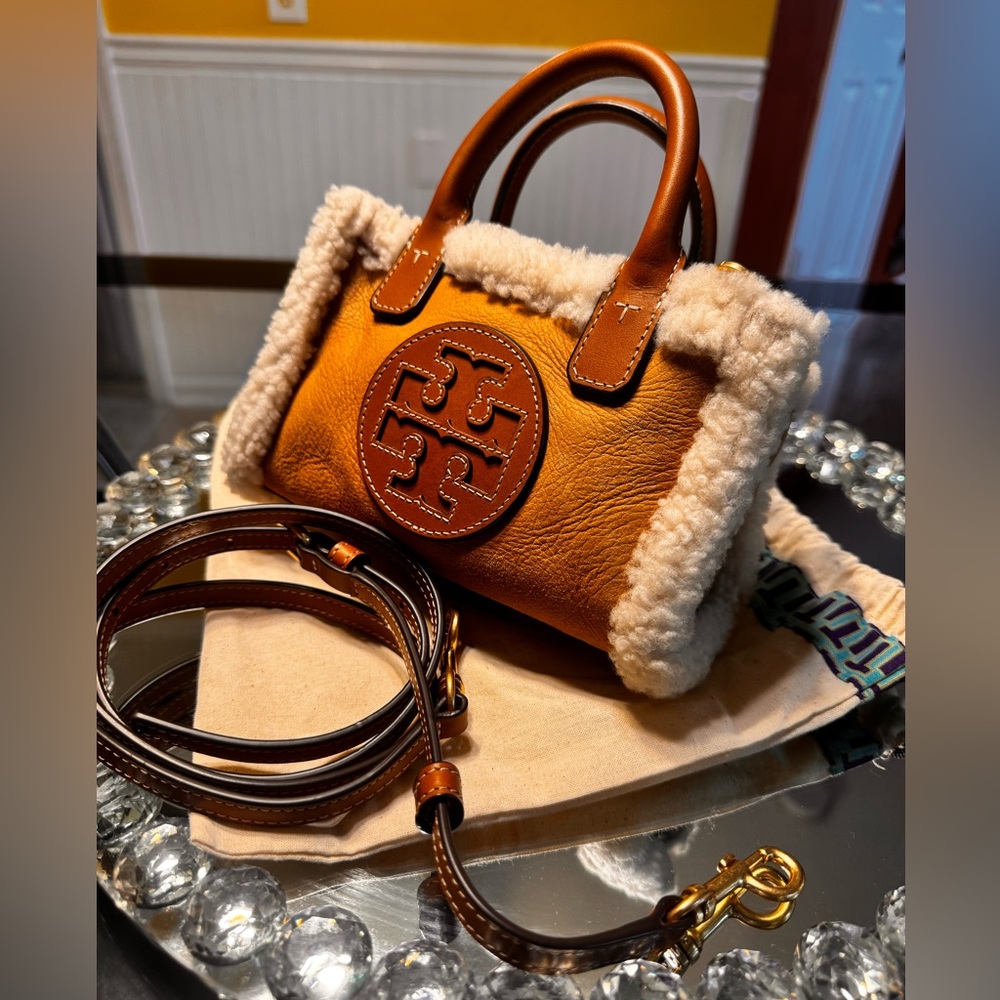 Tory Burch Tan Shearling-Trim Mini Satchel
